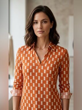 Diane von Furstenberg DVF Silk Jersey Geometric V-Neck Top - Orange/White